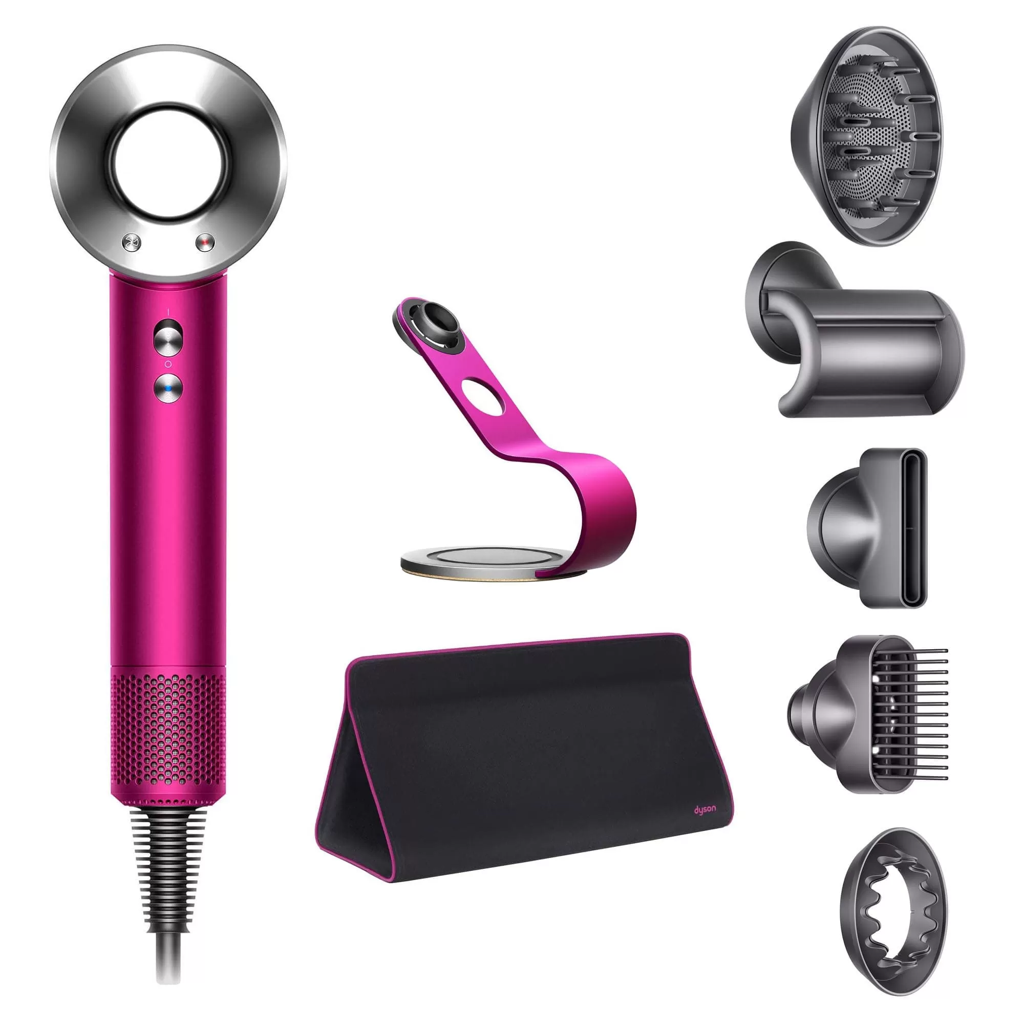 33084_1_.webp Фен Dyson Supersonic HD07 (фуксия/яркий никель) с 5 насадками, дорожным чехлом и подставкой — изображение 1